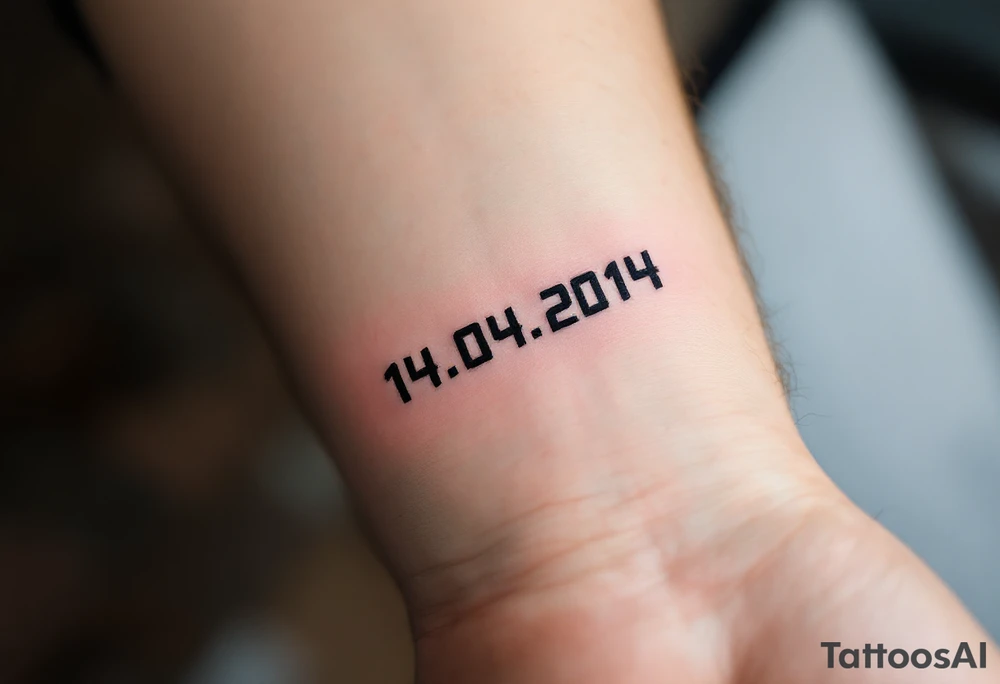 Digital-style 14.04.2014 in pixelated black font with neon-free, dark cyan touches. tattoo idea