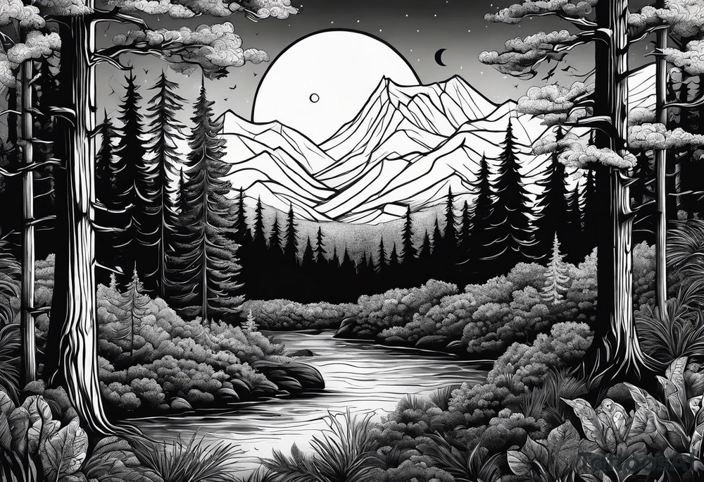 Forest with a rising moon tattoo idea