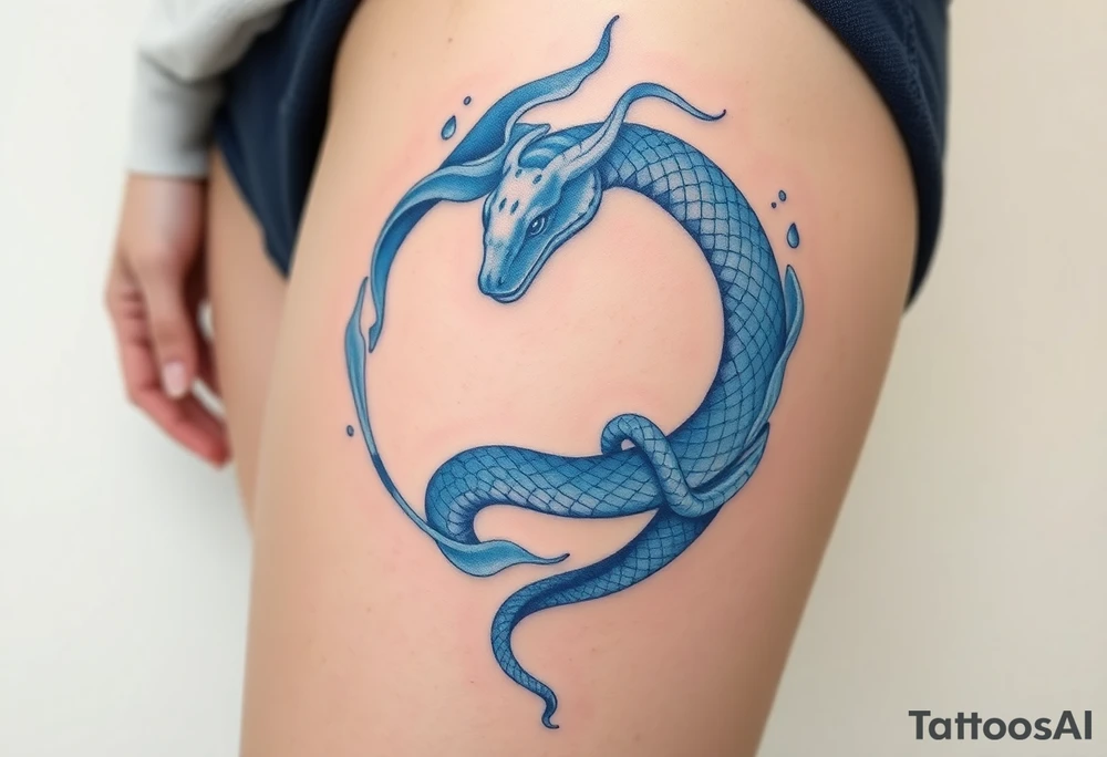 A translucent water-like Ouroboros snake forming cyrcle, with soft blue and white hues, creating an ethereal, flowing effect. tattoo idea