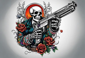 Skeleton with knife in chest shooting gun tattoo idea