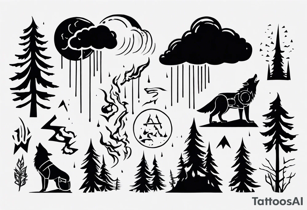 thunderstorm over a forest with a wolf howling on drums tattoo idea thunderstorm over a forest with a wolf howling on drums tattoo idea
