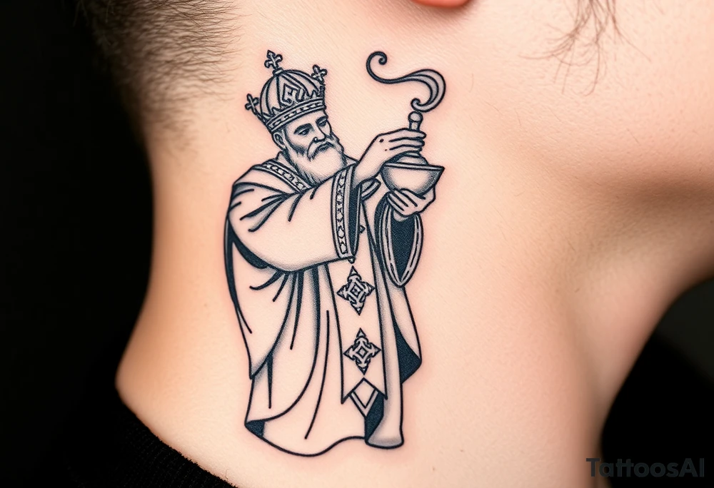 Russian Orthodox Priest in a fully detailed gold vestment swinging a censer with smoke curling upward tattoo idea