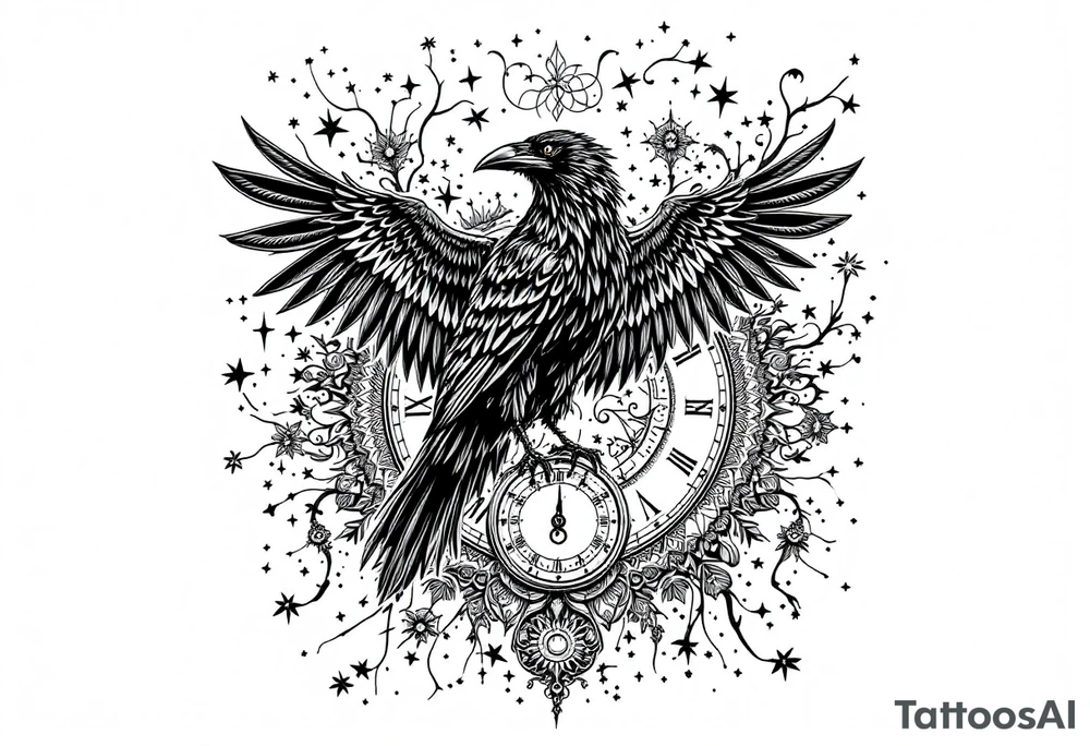 black raven standing on a clock face mandala tattoo idea