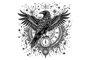 black raven standing on a clock face mandala tattoo idea
