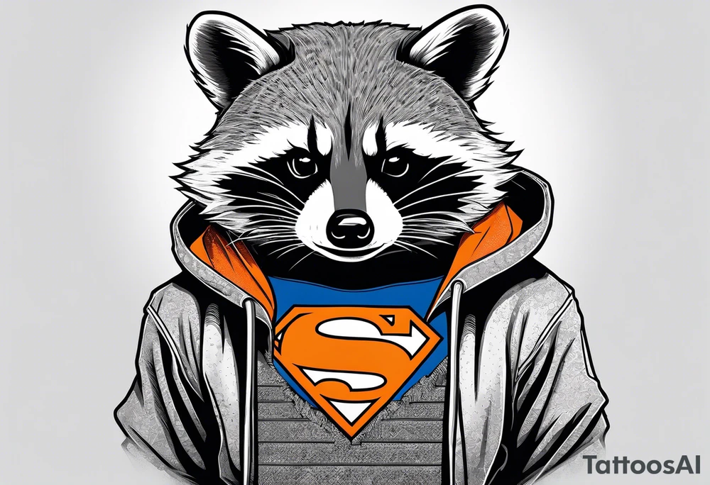 Raccoon wearing an orange Superman hoodie tattoo idea