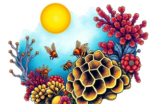 Coral reef scene with honey bees swimming on honey comb tattoo idea