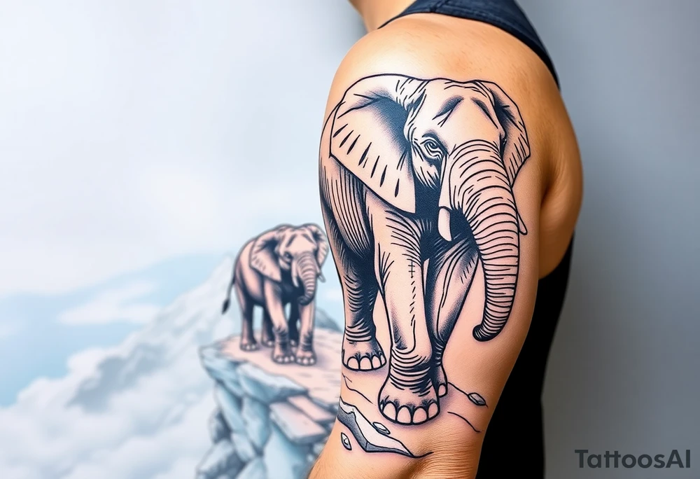 A mother and a baby elephant walking down a mountain trail with the ocean below tattoo idea