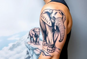 A mother and a baby elephant walking down a mountain trail with the ocean below tattoo idea