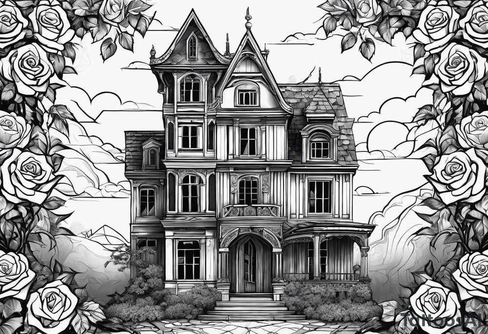 тату рукав, abandoned old gotic house, broken sword, roses, tattoo idea