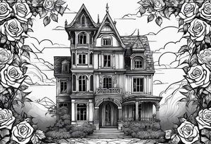 тату рукав, abandoned old gotic house, broken sword, roses, tattoo idea