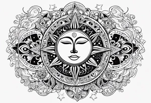 Mexican feminine alien Sun and moon. Freeform rectangular sternum swirls with dots and stars tattoo idea