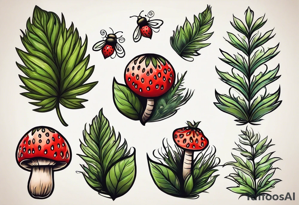 forest floor inspired minimalist tattoo, which includes grass, curly ferns and dead leaves as the bulk of the tattoo. details to include: three very tiny strawberries, a tiny bumblebee flying nearby, three small brown mushrooms tattoo idea
