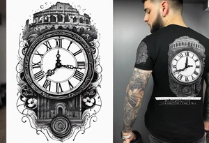 A mechanical clock with internal gears and a weathered Roman colosseum in the background. A script quote, “it’s not the critic that counts it’s the man in the arena@ embedded tattoo idea