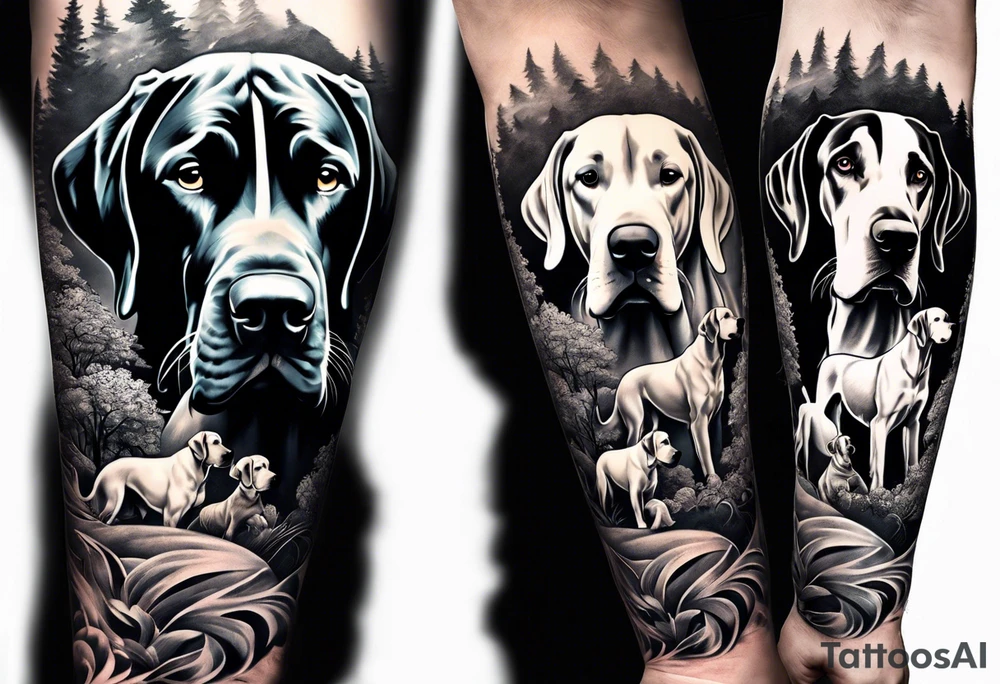 Full arm sleeve. Four Great Danes together exploring outdoors tattoo idea