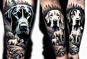 Full arm sleeve. Four Great Danes together exploring outdoors tattoo idea