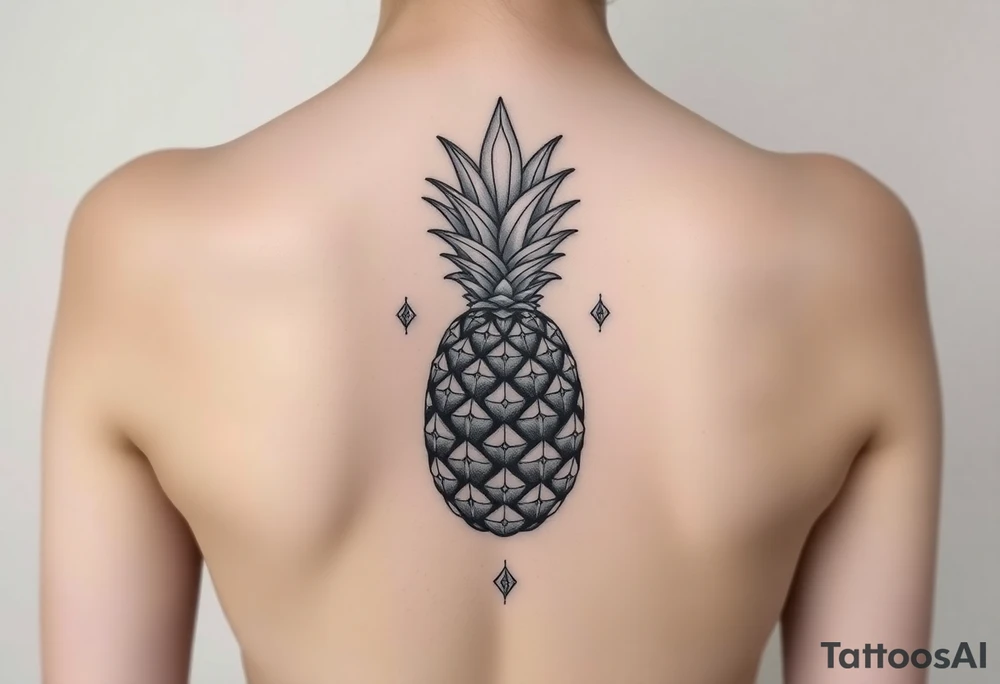 Design around a vagina and anus using a pineapple with diamonds and magestic, crown, vagina, anus, pubic tattoo idea