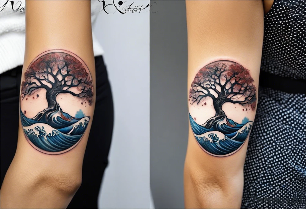 A tattoo of an abstract Tree of Life tattoo to be placed directly on the bicep of a woman. It can wrap around the arm a little. It should have roots growing out of the bottom. The roots slowly turn into water from the Great Wave by Hokusai. A golf flag should be placed discreetly growing out of the ground. 2 license plate tags should be hanging from the tree. Place a few music notes in the areas the leaves should be. The letters A U should be engraving into the tree trunk in a heart. Not inside a circle. The overall shape of the tattoo should be organic. Black and white only. tattoo idea