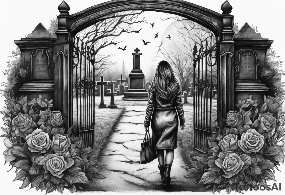 Woman walking out of a graveyard  leaving her old terrifying past behind her tattoo idea