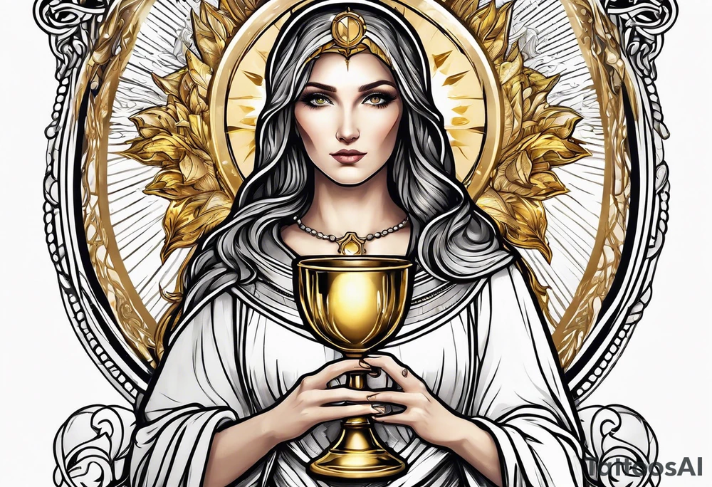 woman saint holding chalice surrounded by golden halo tattoo idea