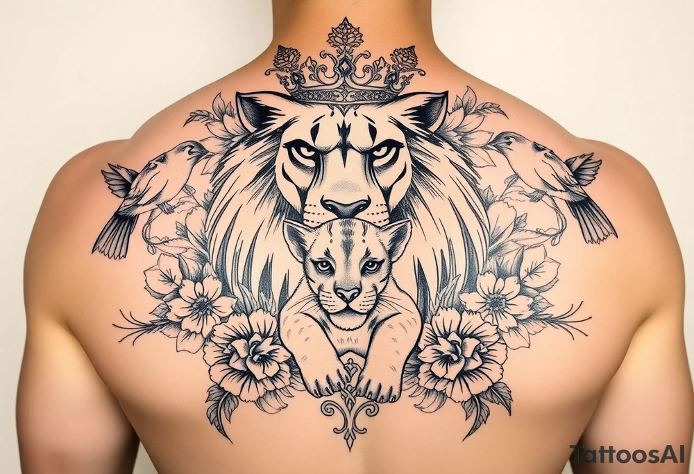 powerful majestic lion and cub with a crown, surrounded by floral ornaments and birds tattoo idea