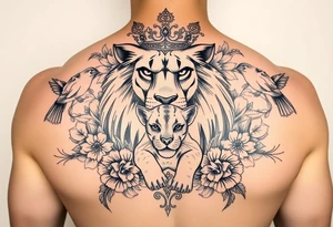 powerful majestic lion and cub with a crown, surrounded by floral ornaments and birds tattoo idea