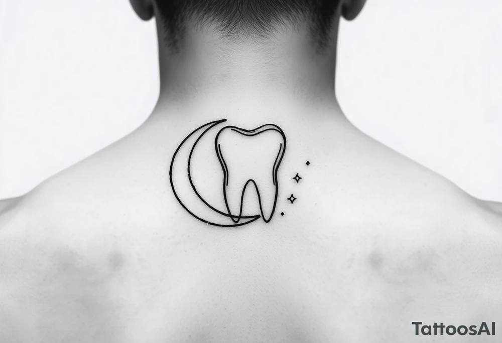 Tiny fine-line outline of a molar tooth framed by a thin crescent moon hugging its side, with three very small sparkling dots around, elegant and subtle. tattoo idea