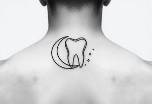 Tiny fine-line outline of a molar tooth framed by a thin crescent moon hugging its side, with three very small sparkling dots around, elegant and subtle. tattoo idea