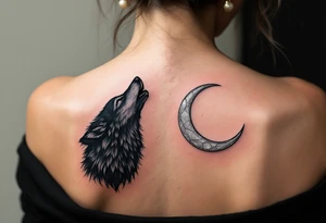 A howling black wolf for his shoulder blade and a silver crescent moon for her shoulder blade on the shoulders echo primal loyalty. tattoo idea