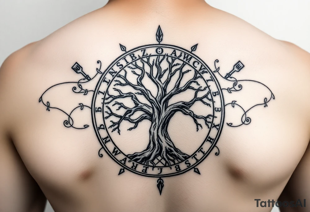 yggadrisl tree of life with circle of runes tattoo idea