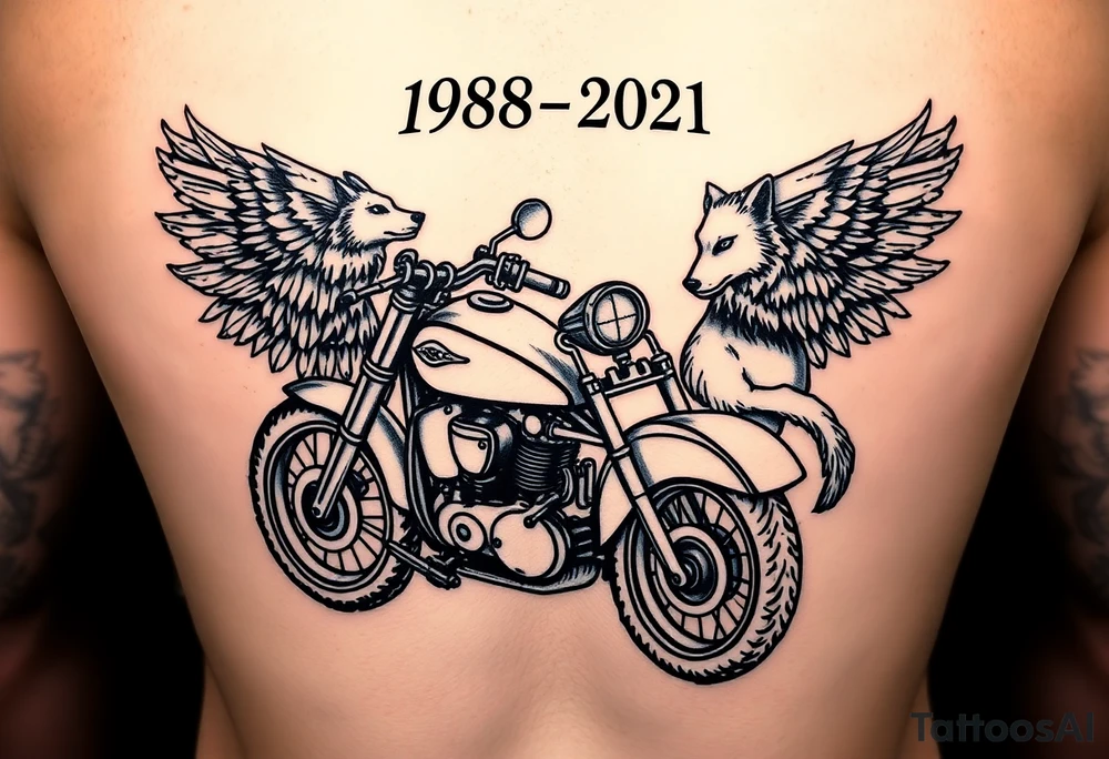 the year 1958 - 2021 with a motorcycle on it with guardian angel wolves tattoo idea
