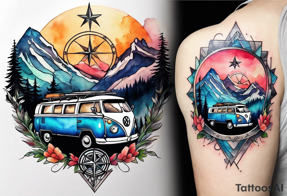 directional Compass rose, mountains and VW Komi campervan tattoo idea