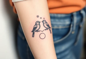 two birds sitting, stars and infinity theme tattoo idea