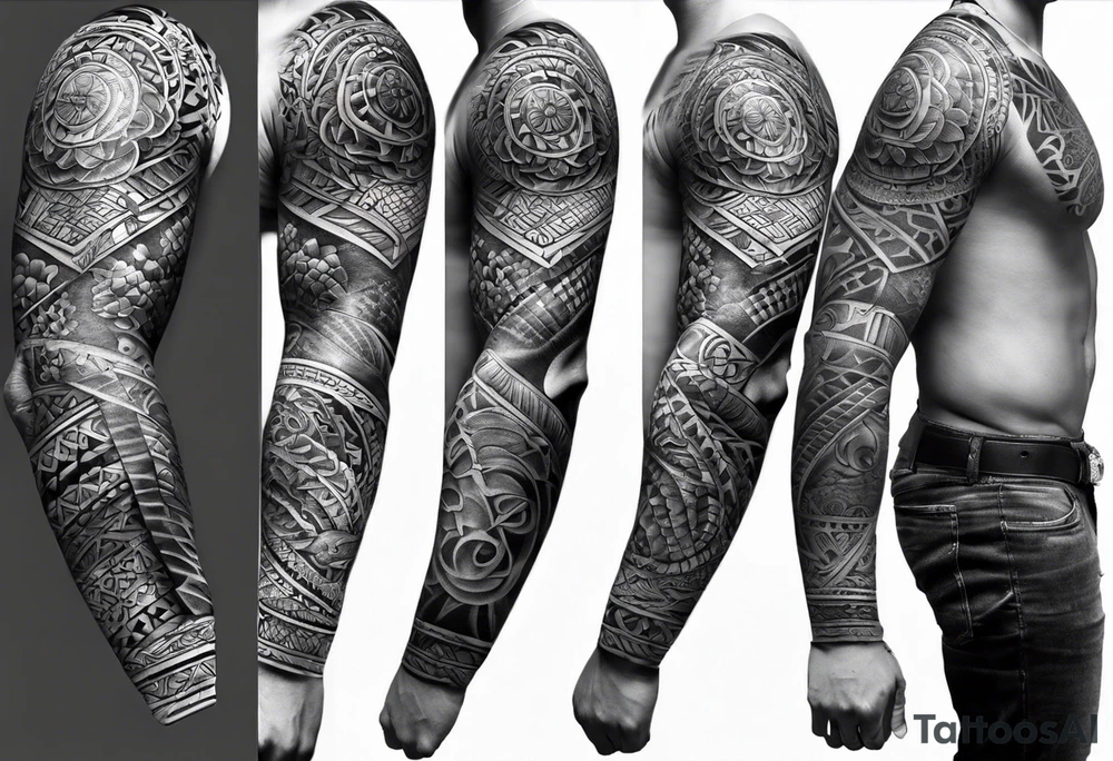 Full Polynesian tribal sleeve with turtle on top on arm tattoo idea Full Polynesian tribal sleeve with turtle on top on arm tattoo idea