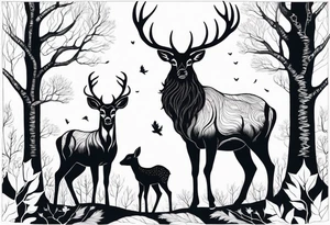 a large majestic male with large antlers, a graceful female and a small fawn. In the background, majestic trees, such as spruce and birch, no grass and no flower tattoo idea