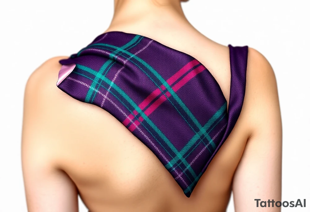 Dark Purple with green pink blue and white highlights tartan fabric with skin around edges peeling and wrapping around side of shoulder tattoo idea