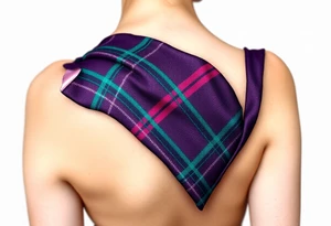 Dark Purple with green pink blue and white highlights tartan fabric with skin around edges peeling and wrapping around side of shoulder tattoo idea