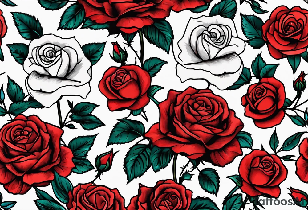 old school roses, red, highly detailed tattoo idea