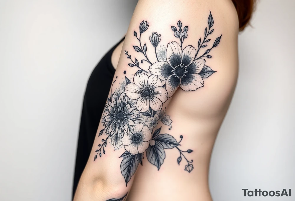 floral composition with japanese vibe, mutiple ornemental patern and leaf, dot geometric ornement, lycoris tattoo idea