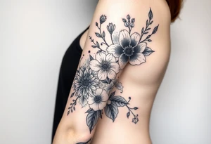 floral composition with japanese vibe, mutiple ornemental patern and leaf, dot geometric ornement, lycoris tattoo idea