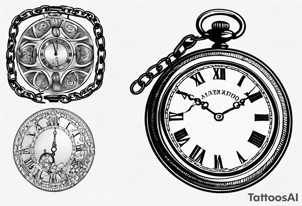 Pocket watch with chain, Roman numerals, date in Roman numerals inside timepiece, classic, elegant, traditional, clean lines tattoo idea
