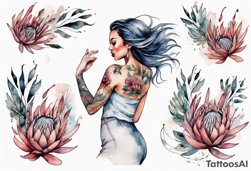 Very feminine tattoo with a woman dancing in a wind of protea flowers tattoo idea