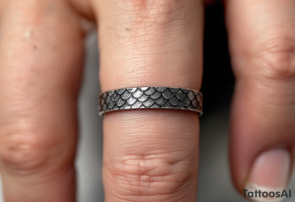 A black and silver finger band with a subtle dragon-scale texture tattoo idea