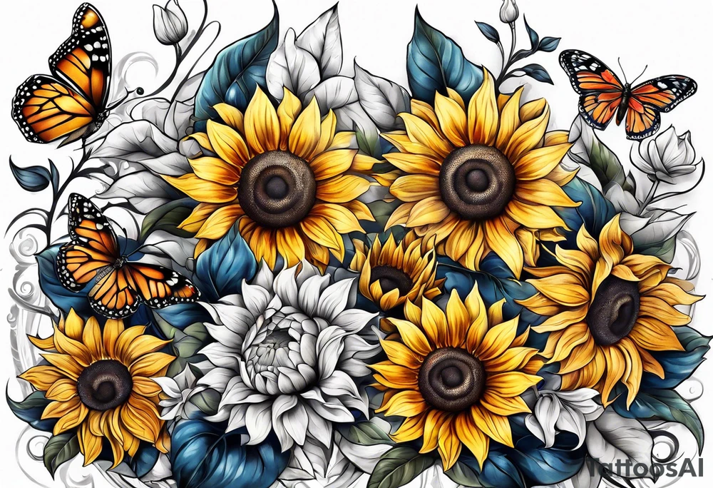 Sleeve with butterflies and sunflowers tattoo idea