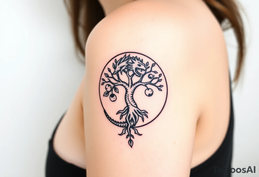 a dragon forming a circle with its body.  the dragon encircles the tree of life.   the tree of life has fruit  and the dragon is eating the fruit. the roots of the tree are strangling the tail of the dragon tattoo idea