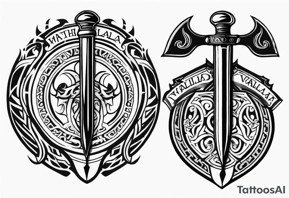 Valhalla round shield fire sword tattoo idea