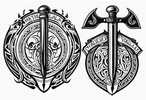 Valhalla round shield fire sword tattoo idea