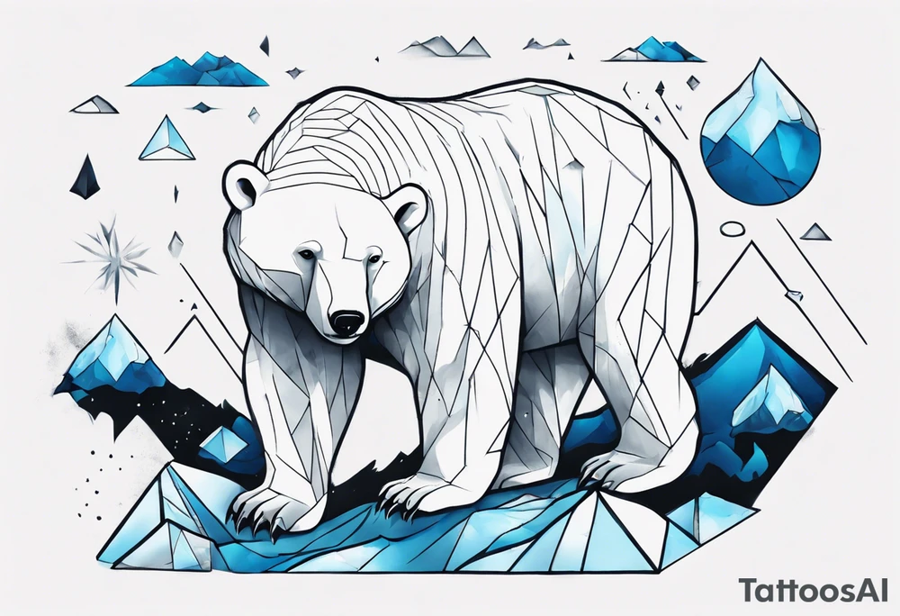 arm tattoo of weather and a little muscular polar bear and ice berg and some nature make colors primary black and white with a little blue tattoo idea