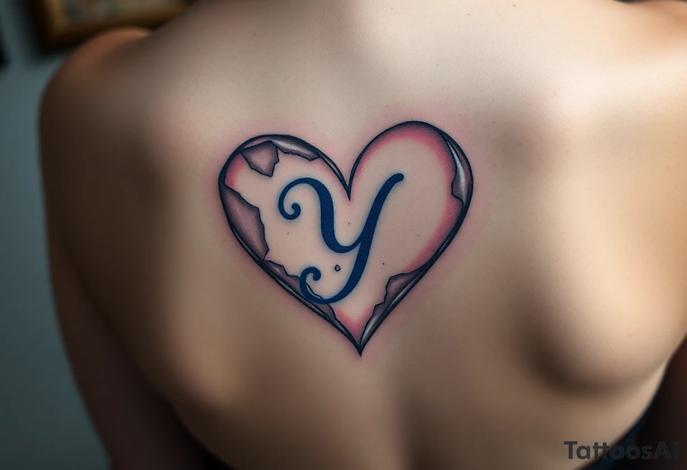 A shattered glass heart with the letter "Y" in blue, symbolizing love’s fragility and strength. tattoo idea