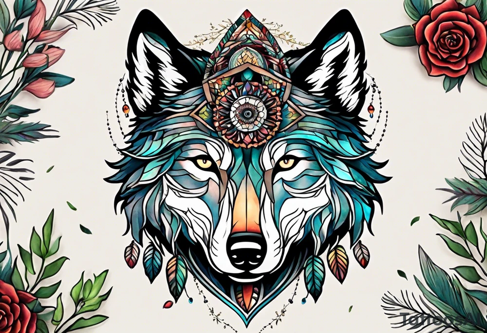 A whimsical wolf tattoo featuring mandala or dream catcher elements, with the wolf as the central focus, surrounded by mountains in the background. Include flowers and nature elements to fill the space around the wolf. tattoo idea