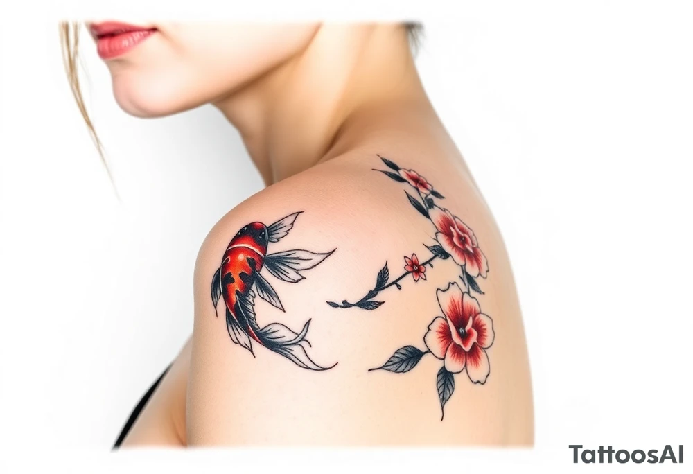 I want the tattoo starting at my collar bone, and I want it to go down my arm, but doesn’t go past my elbow. I want my middle name, Sané” on my collarbone area and I want the red and black koi fish too on my shoulder area. And I want flowers that represent healing, happiness, and peace and purity. tattoo idea
